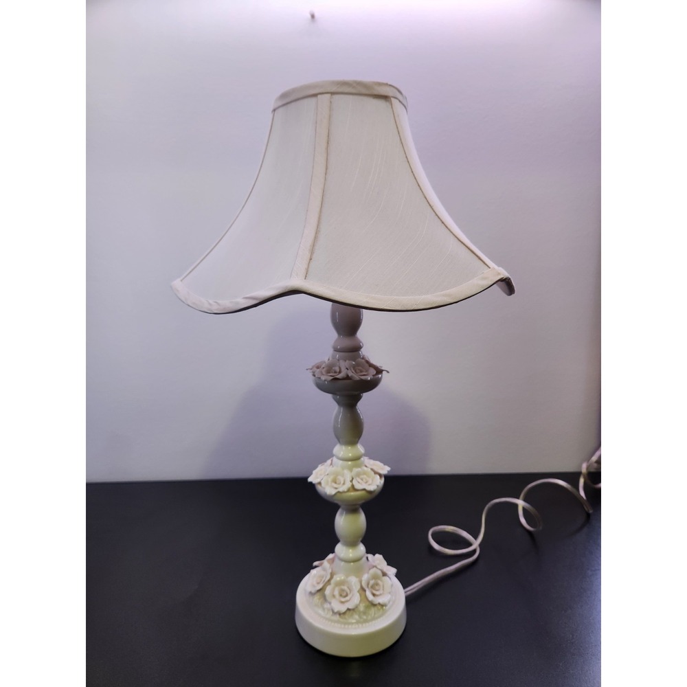 CN Burman Vintage White Porcelain  Table Lamp With Roses And Shade